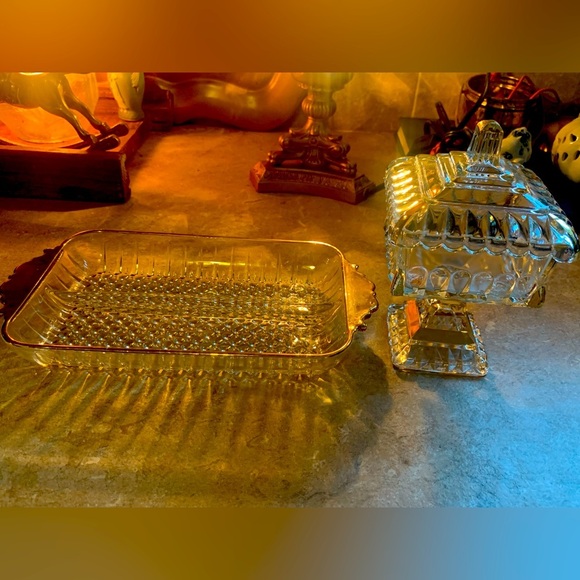 Vintage Anchor Hocking Divided Relish Tray Matching Candy Dish With Gold Trim - Picture 1 of 14